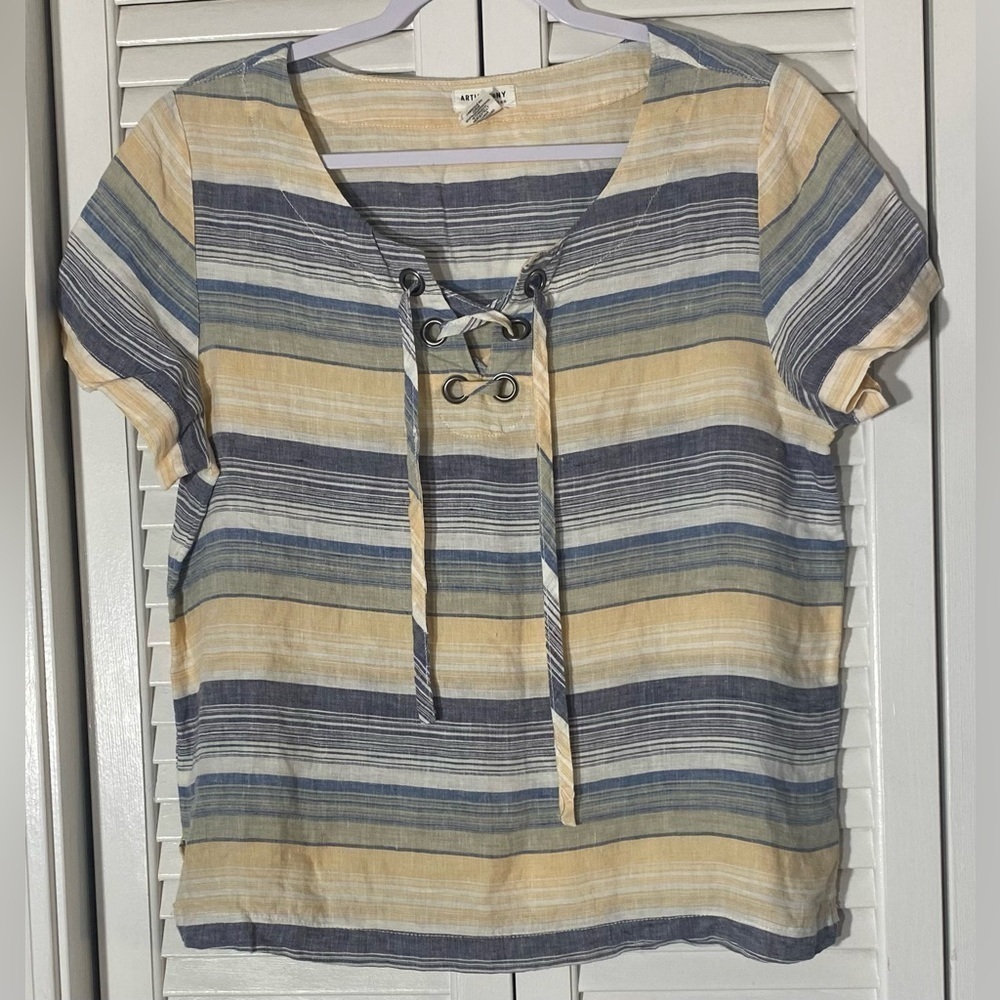 Artisan NY 100% Linen Striped Blouse, Size M, Slit Hem, Lace Up Neckline